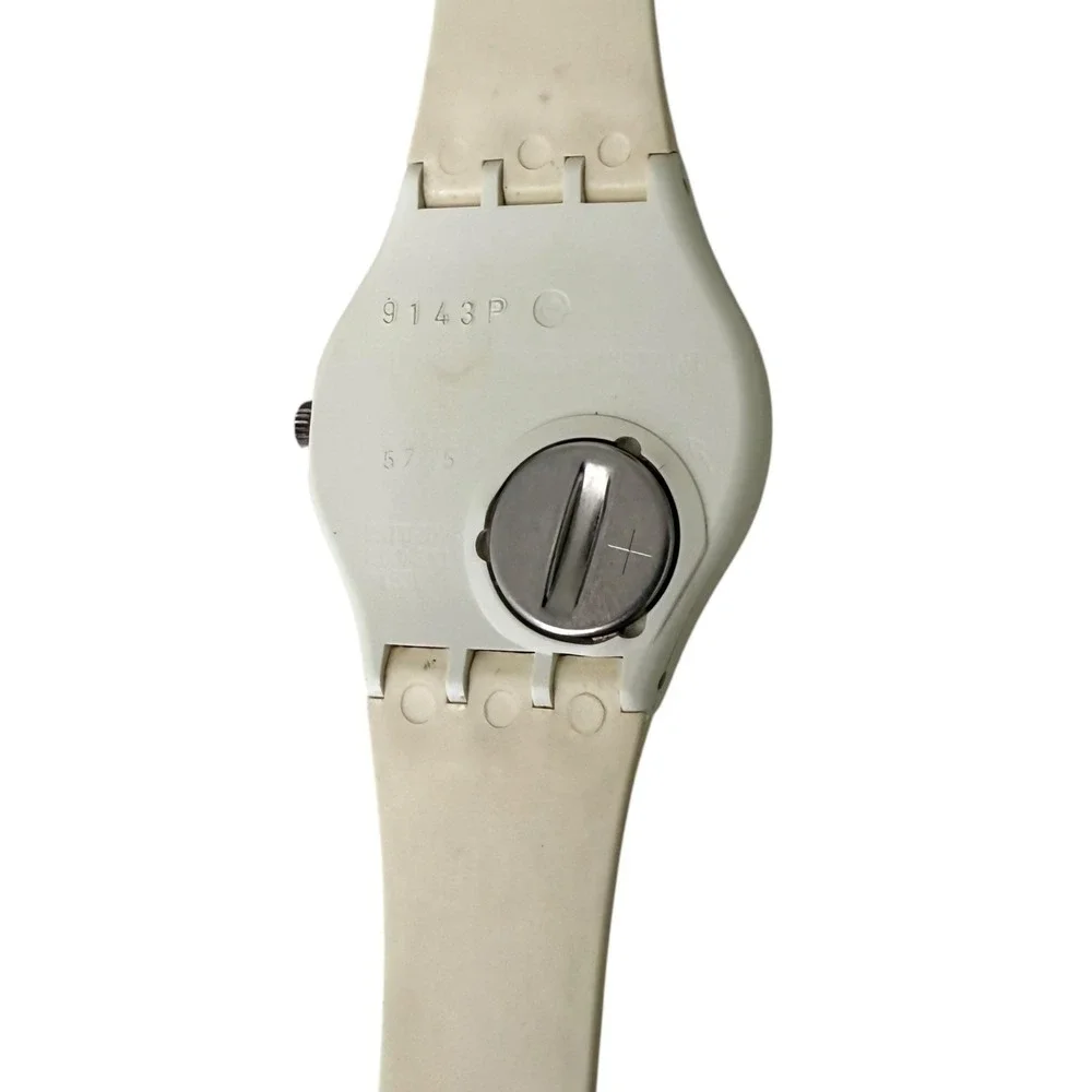 Vintage Swatch Watch Neon Multi Color Dial Cream Silicone Strap Mens 9143P